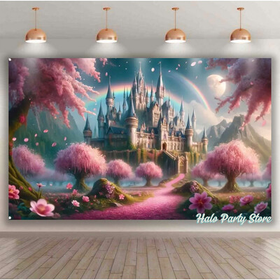 Rozā varavīksnes pils princeses dzimšanas dienas ballītes foni Ziedi meža foni fotostudijai Princeses bērnu dušas ballītes foto