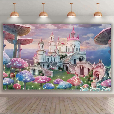 Rozā varavīksnes pils princeses dzimšanas dienas ballītes foni Ziedi meža foni fotostudijai Princeses bērnu dušas ballītes foto