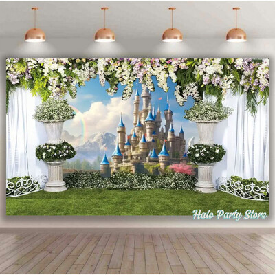 Rozā varavīksnes pils princeses dzimšanas dienas ballītes foni Ziedi meža foni fotostudijai Princeses bērnu dušas ballītes foto