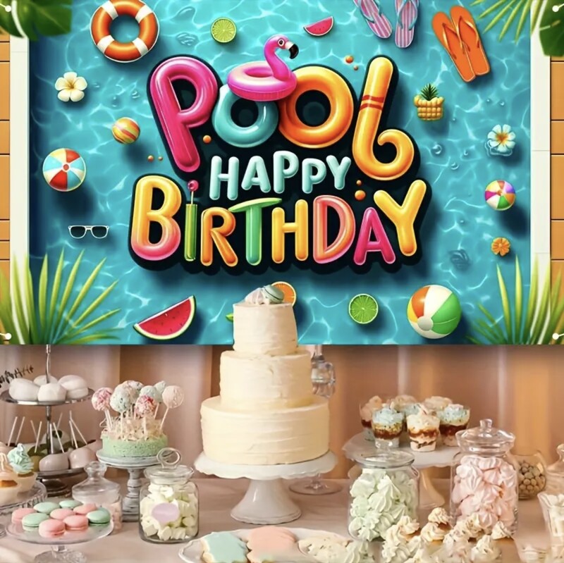 Vasaros baseino vakarėlio fonas Havajų plaukimo paplūdimio kamuolys Gelbėjimo ratas Kūdikio mėgstamiausio gimtadienio torto dekoravimo fotografija