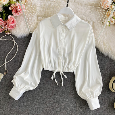 2022 tavasz, új szatén női ingek tömör lehajtható gallérral, hosszú ujjú női blúz divatos húzózsinórral összehajtva karcsú, vágott felsők