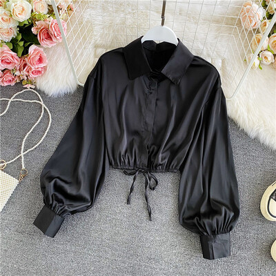 2022 tavasz, új szatén női ingek tömör lehajtható gallérral, hosszú ujjú női blúz divatos húzózsinórral összehajtva karcsú, vágott felsők