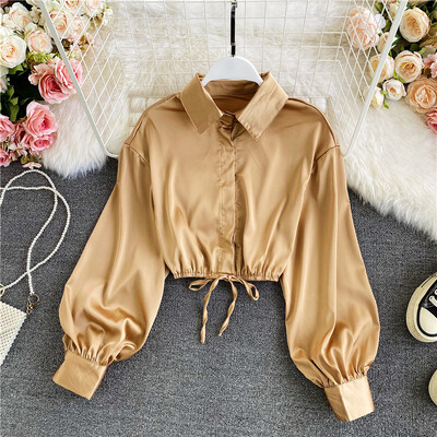2022 tavasz, új szatén női ingek tömör lehajtható gallérral, hosszú ujjú női blúz divatos húzózsinórral összehajtva karcsú, vágott felsők