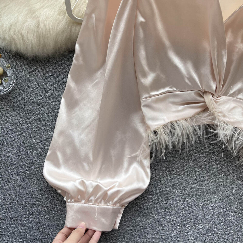 Eleganta satīna pūkains pušķi ar garām piedurknēm blūze šika vintage korejiešu modes raža Top sieviešu pavasara vasaras krekli gotikas apģērbs