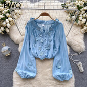 EWQ Ευέλικτο 3D πουκάμισο με λουλούδια με κορδόνια για γυναικείο αντηλιακό Γλυκό μανίκι φαναριού Φαρδιά ρούχα 2024 Καλοκαίρι Νέο 27C839