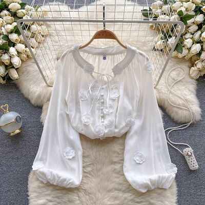 EWQ Ευέλικτο 3D πουκάμισο με λουλούδια με κορδόνια για γυναικείο αντηλιακό Γλυκό μανίκι φαναριού Φαρδιά ρούχα 2024 Καλοκαίρι Νέο 27C839