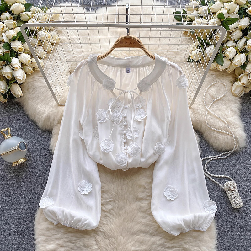 EWQ Ευέλικτο 3D πουκάμισο με λουλούδια με κορδόνια για γυναικείο αντηλιακό Γλυκό μανίκι φαναριού Φαρδιά ρούχα 2024 Καλοκαίρι Νέο 27C839