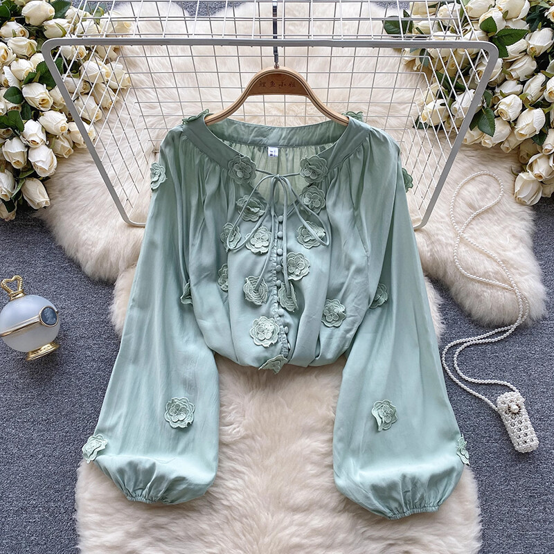 EWQ Ευέλικτο 3D πουκάμισο με λουλούδια με κορδόνια για γυναικείο αντηλιακό Γλυκό μανίκι φαναριού Φαρδιά ρούχα 2024 Καλοκαίρι Νέο 27C839