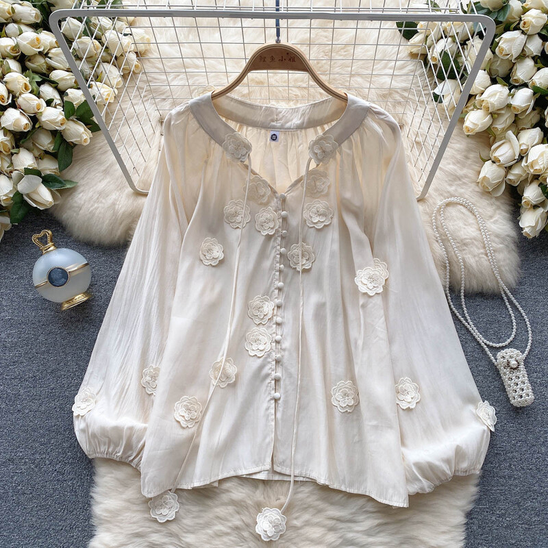 EWQ Ευέλικτο 3D πουκάμισο με λουλούδια με κορδόνια για γυναικείο αντηλιακό Γλυκό μανίκι φαναριού Φαρδιά ρούχα 2024 Καλοκαίρι Νέο 27C839