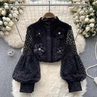 Γαλλική κομψή μπλούζα για γυναίκες Πωλήσεις Τρισδιάστατη βάση λουλουδιών γιακάς κούφιο μακριά φουσκωτά μανίκια φθινοπωρινά γυναικεία μπλουζάκια που μειώνουν την ηλικία Dropship