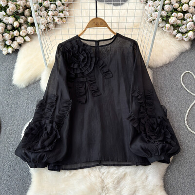 EWQ divatos virágos blúz női lámpás ujjak egyszínű kerek nyakú fényvédő alkalmi felsők 2024 nyári új ruházat 27C735