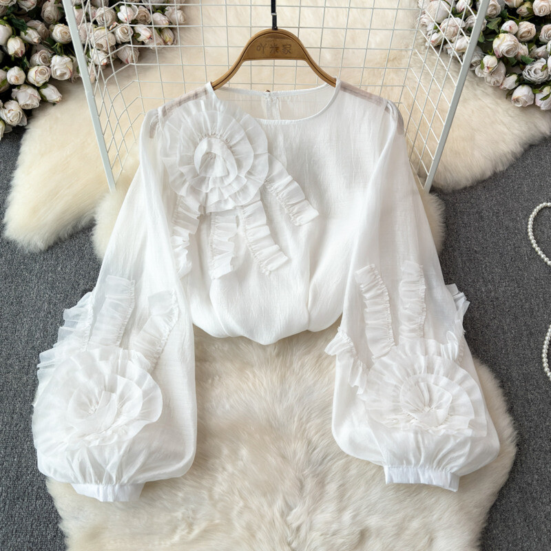 EWQ divatos virágos blúz női lámpás ujjak egyszínű kerek nyakú fényvédő alkalmi felsők 2024 nyári új ruházat 27C735