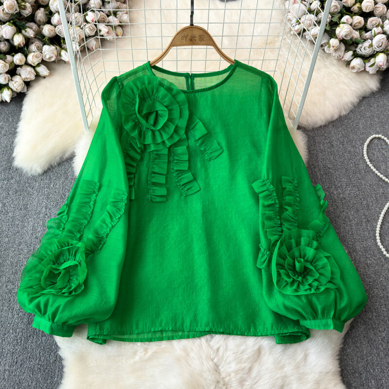 EWQ divatos virágos blúz női lámpás ujjak egyszínű kerek nyakú fényvédő alkalmi felsők 2024 nyári új ruházat 27C735