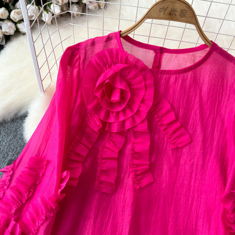 EWQ divatos virágos blúz női lámpás ujjak egyszínű kerek nyakú fényvédő alkalmi felsők 2024 nyári új ruházat 27C735