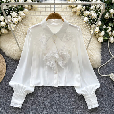 Pamatinformācija ar polo kakla izgriezumu, retro stila garām laternām piedurknēm, elegantām mežģīnēm, elegantām, vienrindām franču ielas apģērba augšdaļas rudens blūze