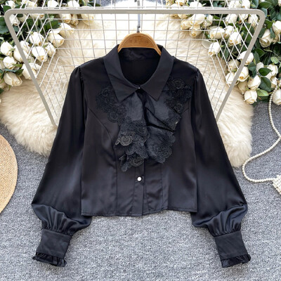 Pamatinformācija ar polo kakla izgriezumu, retro stila garām laternām piedurknēm, elegantām mežģīnēm, elegantām, vienrindām franču ielas apģērba augšdaļas rudens blūze