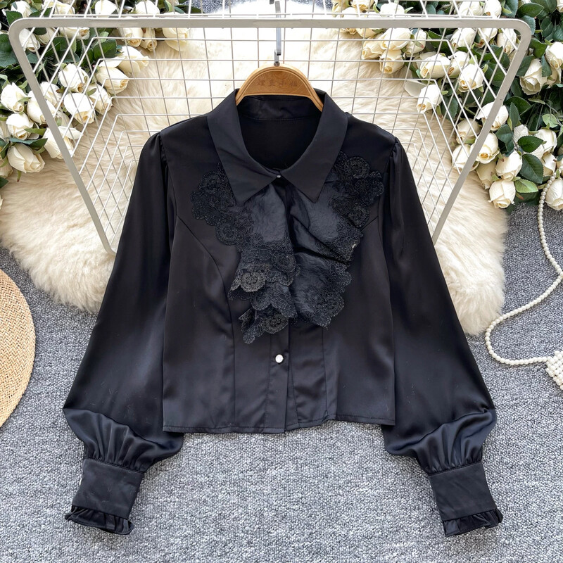 Pamatinformācija ar polo kakla izgriezumu, retro stila garām laternām piedurknēm, elegantām mežģīnēm, elegantām, vienrindām franču ielas apģērba augšdaļas rudens blūze