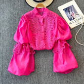 Udvarstílusú elegáns női blúz horgolt üreges, álló gallér Lámpás ujjú női blusas de Mujer francia felsők dropship