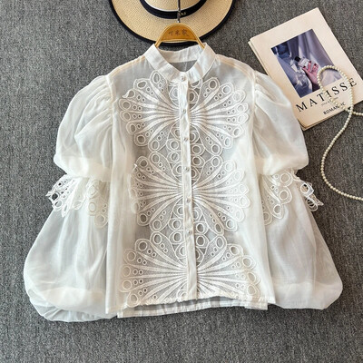 Udvarstílusú elegáns női blúz horgolt üreges, álló gallér Lámpás ujjú női blusas de Mujer francia felsők dropship