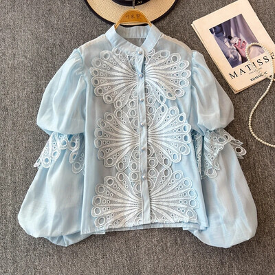 Udvarstílusú elegáns női blúz horgolt üreges, álló gallér Lámpás ujjú női blusas de Mujer francia felsők dropship