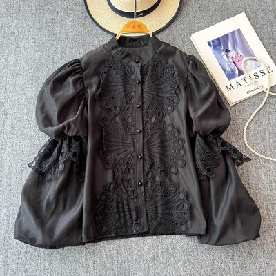 Udvarstílusú elegáns női blúz horgolt üreges, álló gallér Lámpás ujjú női blusas de Mujer francia felsők dropship