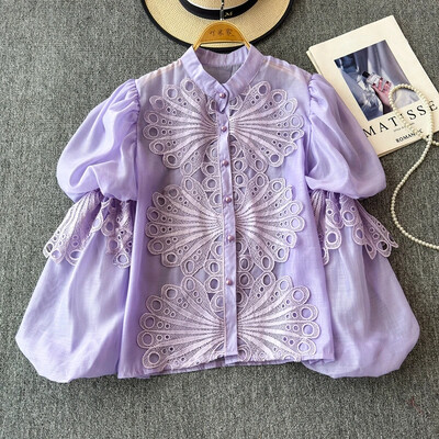 Udvarstílusú elegáns női blúz horgolt üreges, álló gallér Lámpás ujjú női blusas de Mujer francia felsők dropship