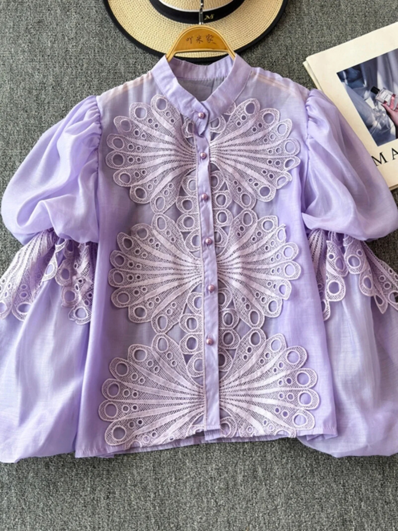 Udvarstílusú elegáns női blúz horgolt üreges, álló gallér Lámpás ujjú női blusas de Mujer francia felsők dropship