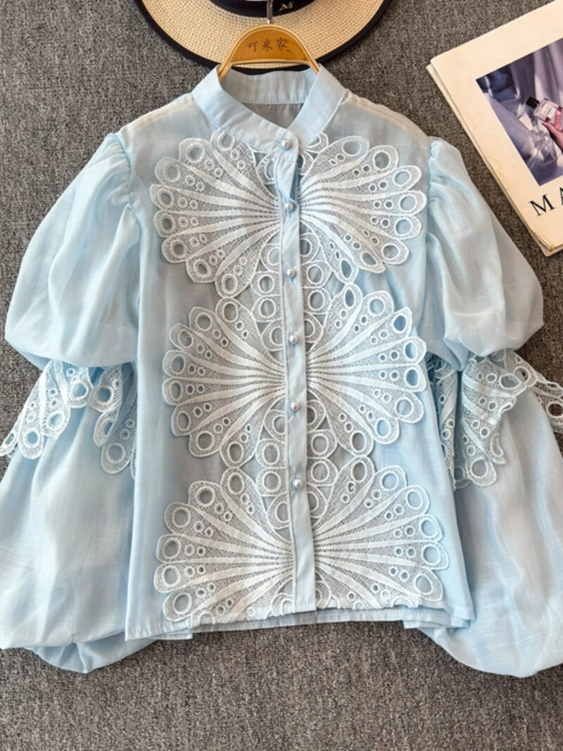 Udvarstílusú elegáns női blúz horgolt üreges, álló gallér Lámpás ujjú női blusas de Mujer francia felsők dropship