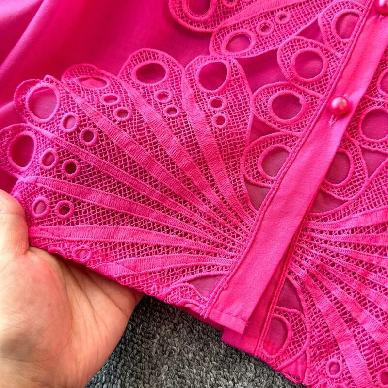 Udvarstílusú elegáns női blúz horgolt üreges, álló gallér Lámpás ujjú női blusas de Mujer francia felsők dropship