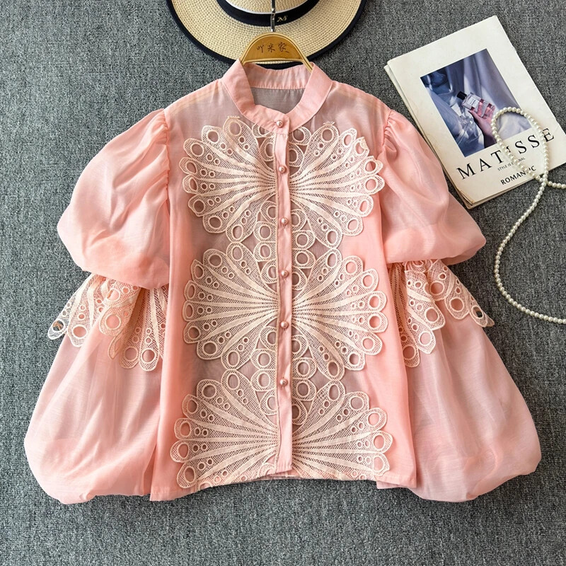 Udvarstílusú elegáns női blúz horgolt üreges, álló gallér Lámpás ujjú női blusas de Mujer francia felsők dropship