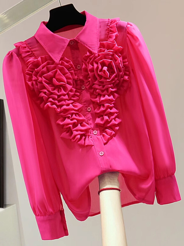 XFPV Γυναικεία τρισδιάστατα λουλούδια Κορεατική έκδοση Φαρδιά μπλούζα πέτο μακρυμάνικο μονόστηθο πουκάμισο καλοκαίρι 2024 SM10796