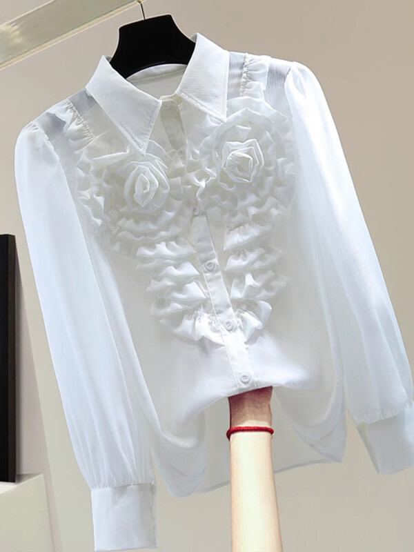 XFPV Γυναικεία τρισδιάστατα λουλούδια Κορεατική έκδοση Φαρδιά μπλούζα πέτο μακρυμάνικο μονόστηθο πουκάμισο καλοκαίρι 2024 SM10796