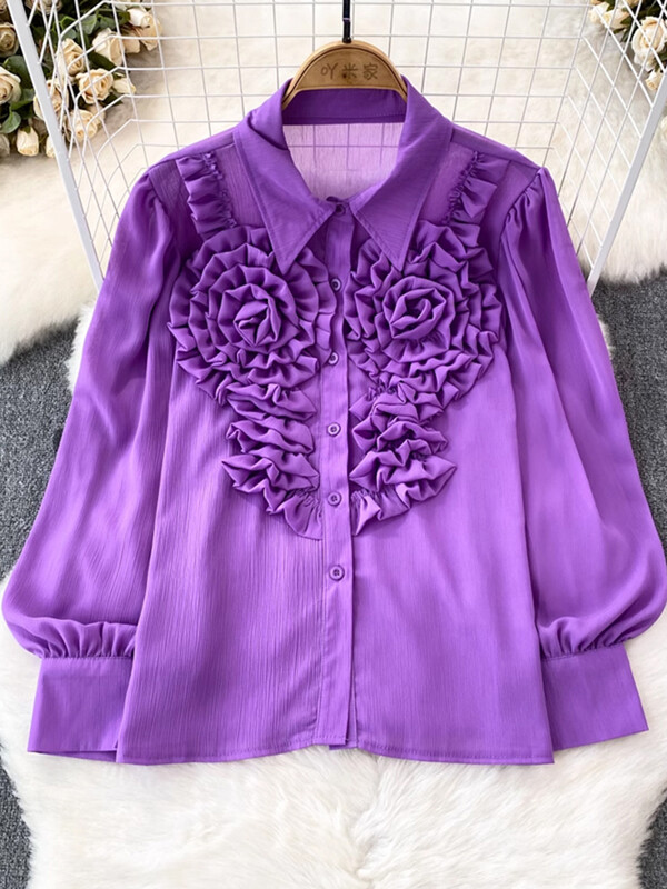 XFPV Γυναικεία τρισδιάστατα λουλούδια Κορεατική έκδοση Φαρδιά μπλούζα πέτο μακρυμάνικο μονόστηθο πουκάμισο καλοκαίρι 2024 SM10796