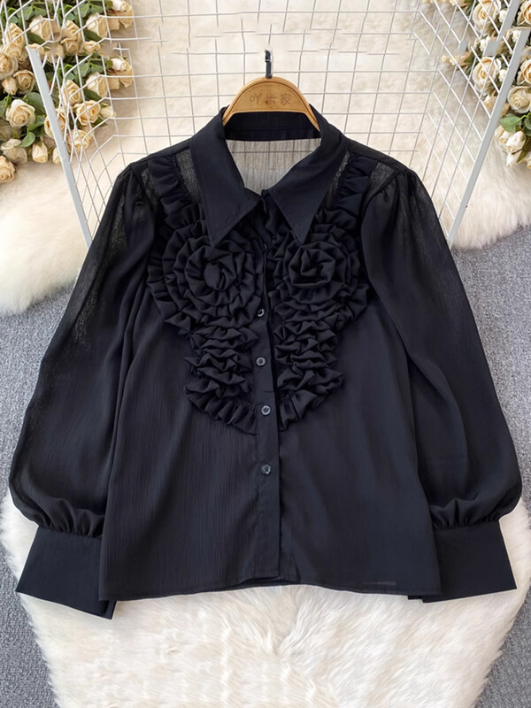 XFPV Γυναικεία τρισδιάστατα λουλούδια Κορεατική έκδοση Φαρδιά μπλούζα πέτο μακρυμάνικο μονόστηθο πουκάμισο καλοκαίρι 2024 SM10796