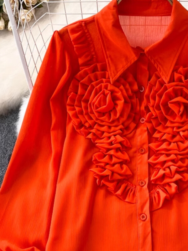 XFPV Γυναικεία τρισδιάστατα λουλούδια Κορεατική έκδοση Φαρδιά μπλούζα πέτο μακρυμάνικο μονόστηθο πουκάμισο καλοκαίρι 2024 SM10796