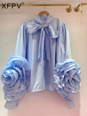 XFPV sieviešu gaiši luksusa trīsdimensiju ziedu temperamenta blūze tauriņš apkakles laternas piedurknēm krekli 2024. gada vasara SM10795