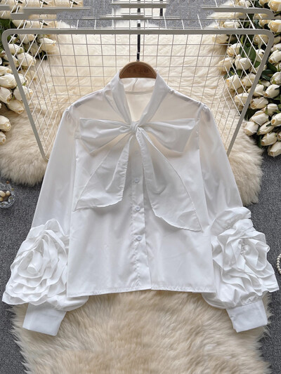 XFPV sieviešu gaiši luksusa trīsdimensiju ziedu temperamenta blūze tauriņš apkakles laternas piedurknēm krekli 2024. gada vasara SM10795