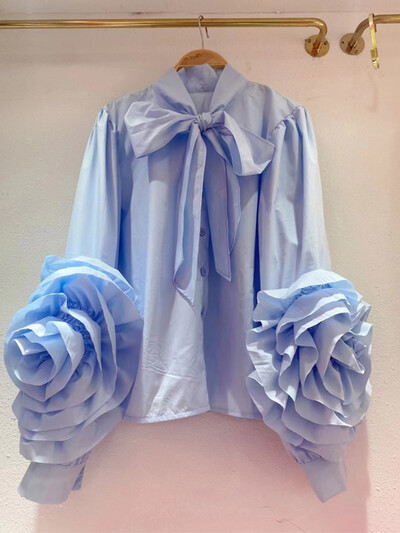 XFPV sieviešu gaiši luksusa trīsdimensiju ziedu temperamenta blūze tauriņš apkakles laternas piedurknēm krekli 2024. gada vasara SM10795