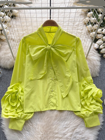 XFPV sieviešu gaiši luksusa trīsdimensiju ziedu temperamenta blūze tauriņš apkakles laternas piedurknēm krekli 2024. gada vasara SM10795