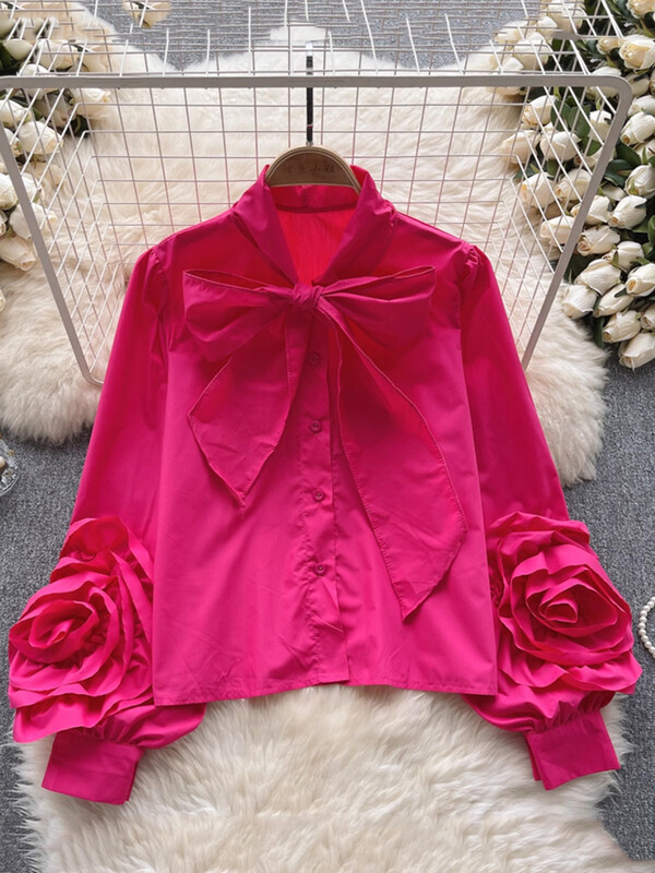 XFPV sieviešu gaiši luksusa trīsdimensiju ziedu temperamenta blūze tauriņš apkakles laternas piedurknēm krekli 2024. gada vasara SM10795