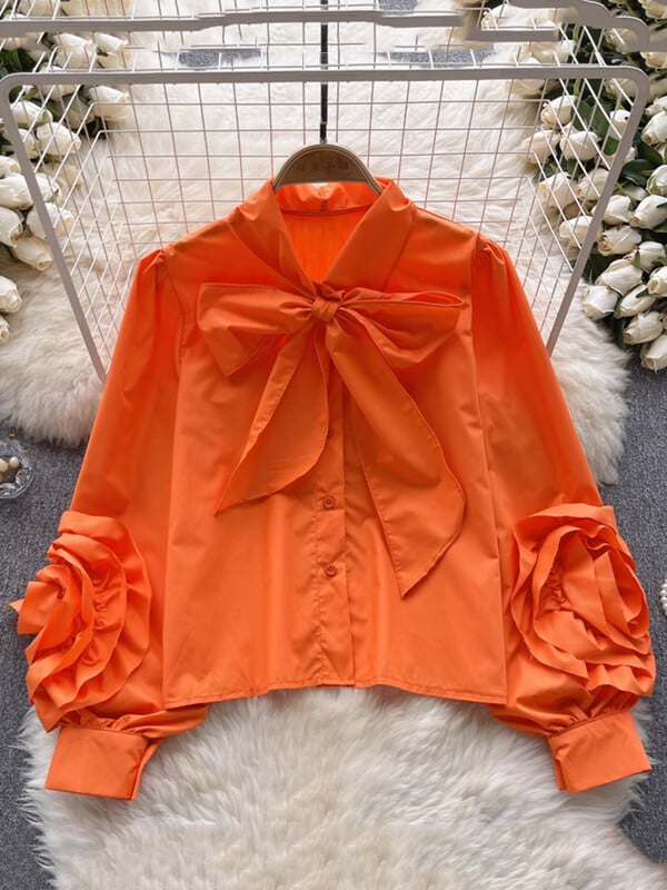 XFPV sieviešu gaiši luksusa trīsdimensiju ziedu temperamenta blūze tauriņš apkakles laternas piedurknēm krekli 2024. gada vasara SM10795