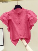 ZANZEA korejiešu mežģīņu balts krekls sieviešu modes volānu topi ar īsām piedurknēm 2024. gada vasaras dizaineru blūze biroja atloks, kakla pogas, augšdaļa