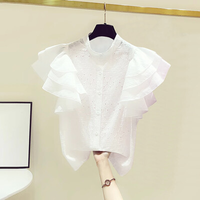 ZANZEA korejiešu mežģīņu balts krekls sieviešu modes volānu topi ar īsām piedurknēm 2024. gada vasaras dizaineru blūze biroja atloks, kakla pogas, augšdaļa