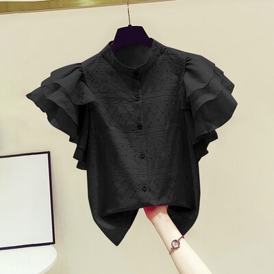 ZANZEA korejiešu mežģīņu balts krekls sieviešu modes volānu topi ar īsām piedurknēm 2024. gada vasaras dizaineru blūze biroja atloks, kakla pogas, augšdaļa