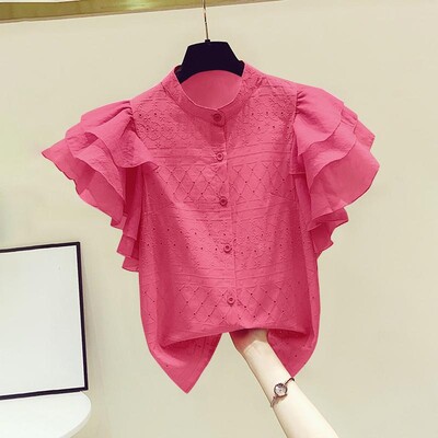 ZANZEA korejiešu mežģīņu balts krekls sieviešu modes volānu topi ar īsām piedurknēm 2024. gada vasaras dizaineru blūze biroja atloks, kakla pogas, augšdaļa