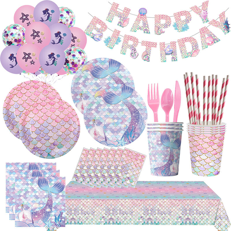 Hableány Születésnapi Party Evőeszközök Dekorációs Tányérok Csésze Szalvéta Szett Születésnapi Téma Léggömbök Kit Lányok Ajándékok Deco kellékek