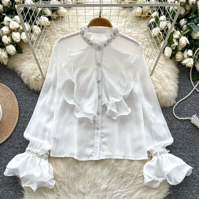 Női Állógallér Szirmos ujjak Elegáns Fodrok Strasszos Vékony Egysoros felső francia utcai ruházat High Street őszi blúz