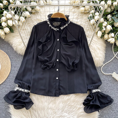 Női Állógallér Szirmos ujjak Elegáns Fodrok Strasszos Vékony Egysoros felső francia utcai ruházat High Street őszi blúz