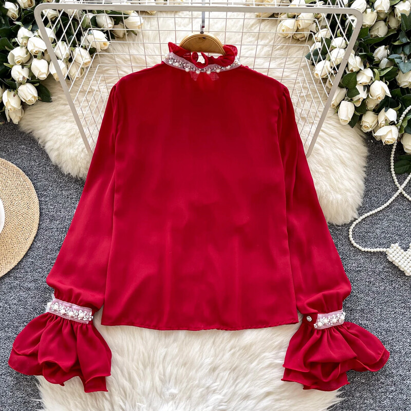 Női Állógallér Szirmos ujjak Elegáns Fodrok Strasszos Vékony Egysoros felső francia utcai ruházat High Street őszi blúz