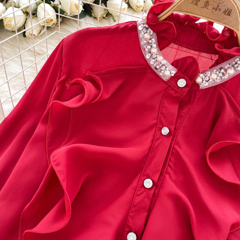 Női Állógallér Szirmos ujjak Elegáns Fodrok Strasszos Vékony Egysoros felső francia utcai ruházat High Street őszi blúz